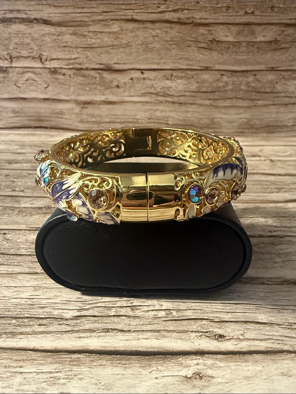 Gold Plated Hinged Wide Bangle with Purple Enamel and Aurora Crystals